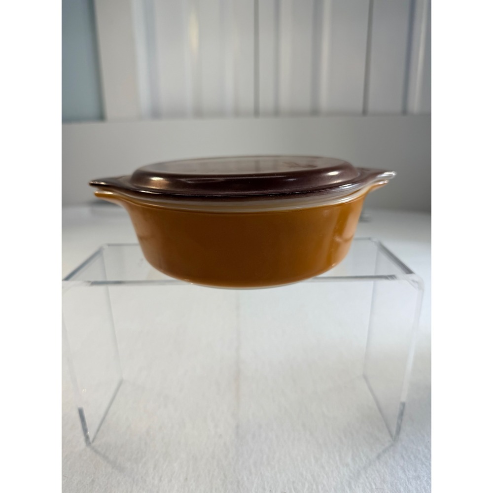Vintage Pyrex Old Orchard 471 1 Pint Round Casserole Dish with Brown Lid Orange